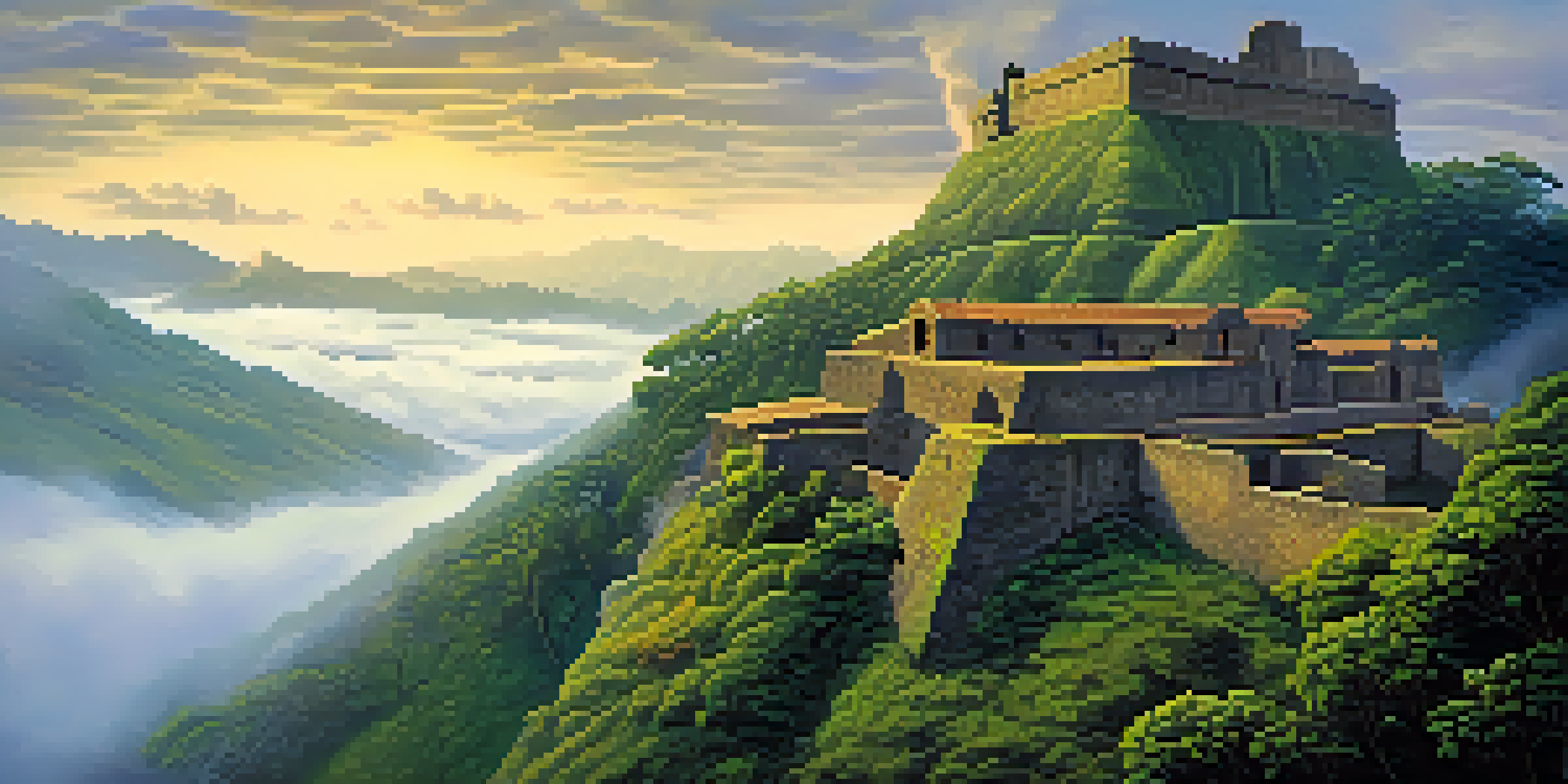 A view of the Kuelap fortress with ancient stone walls surrounded by a misty cloud forest and lush greenery, illuminated by soft morning light.