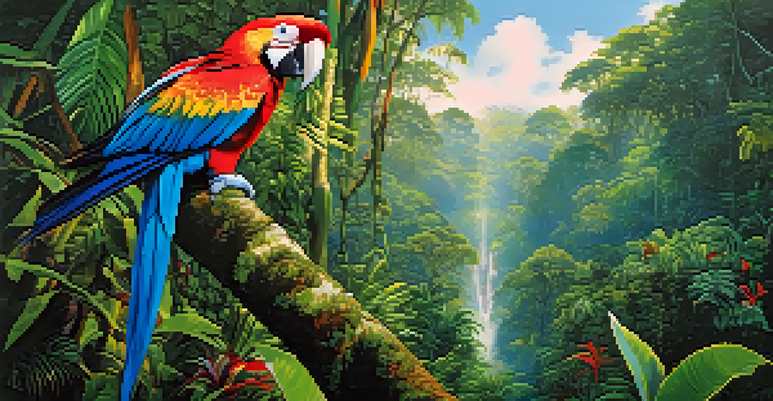 A colorful macaw perched in the Amazon rainforest surrounded by lush greenery and sunlight filtering through the trees.