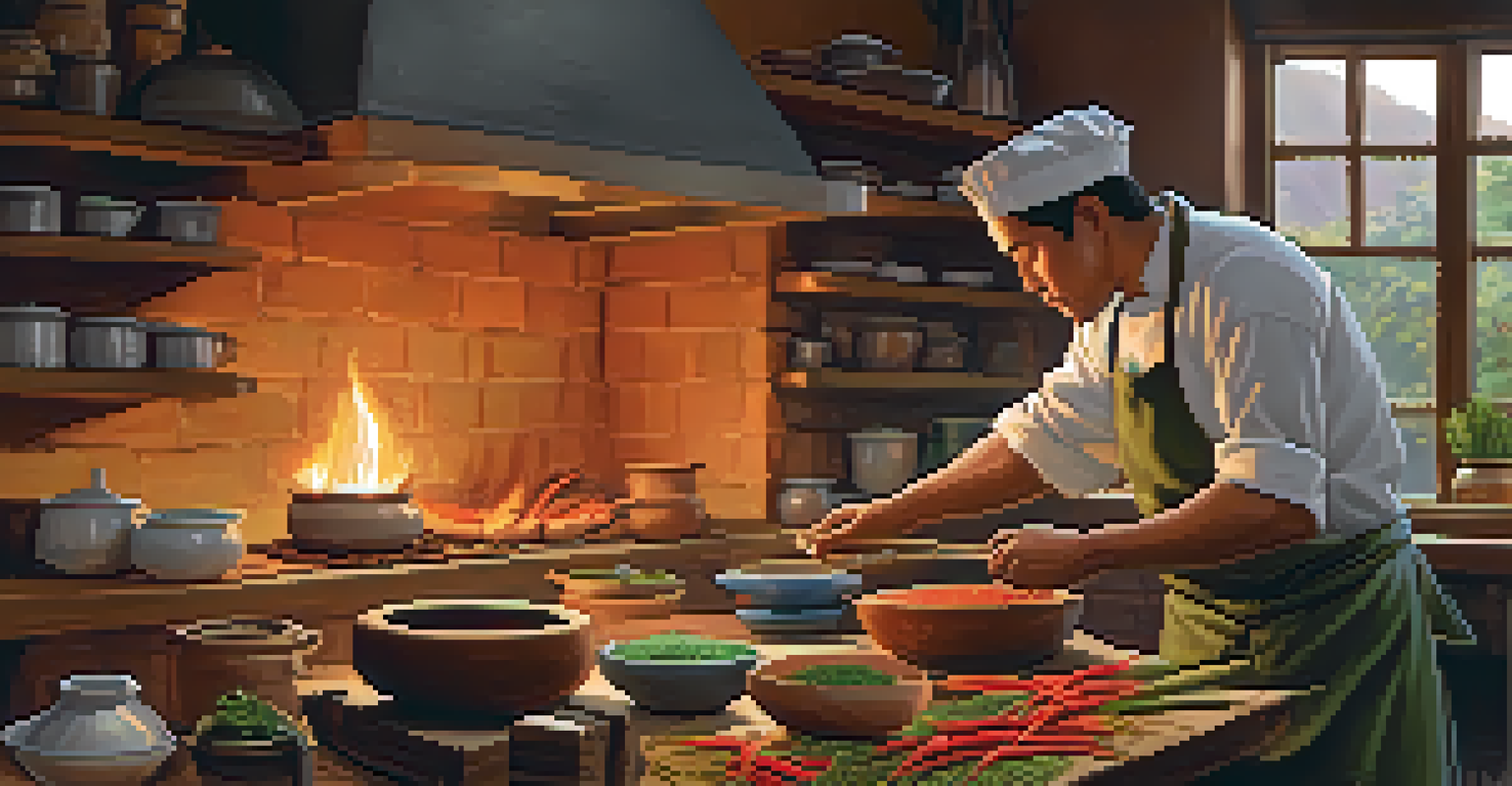 A chef demonstrating traditional Peruvian cooking in a cozy kitchen, with fresh ingredients and a clay pot on the stove.