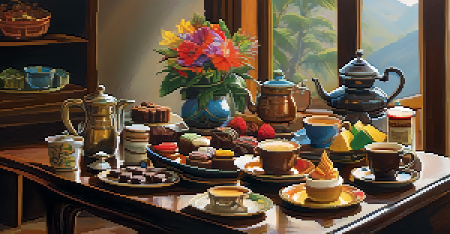 Tasting table with Peruvian coffee and artisanal chocolates arranged beautifully.