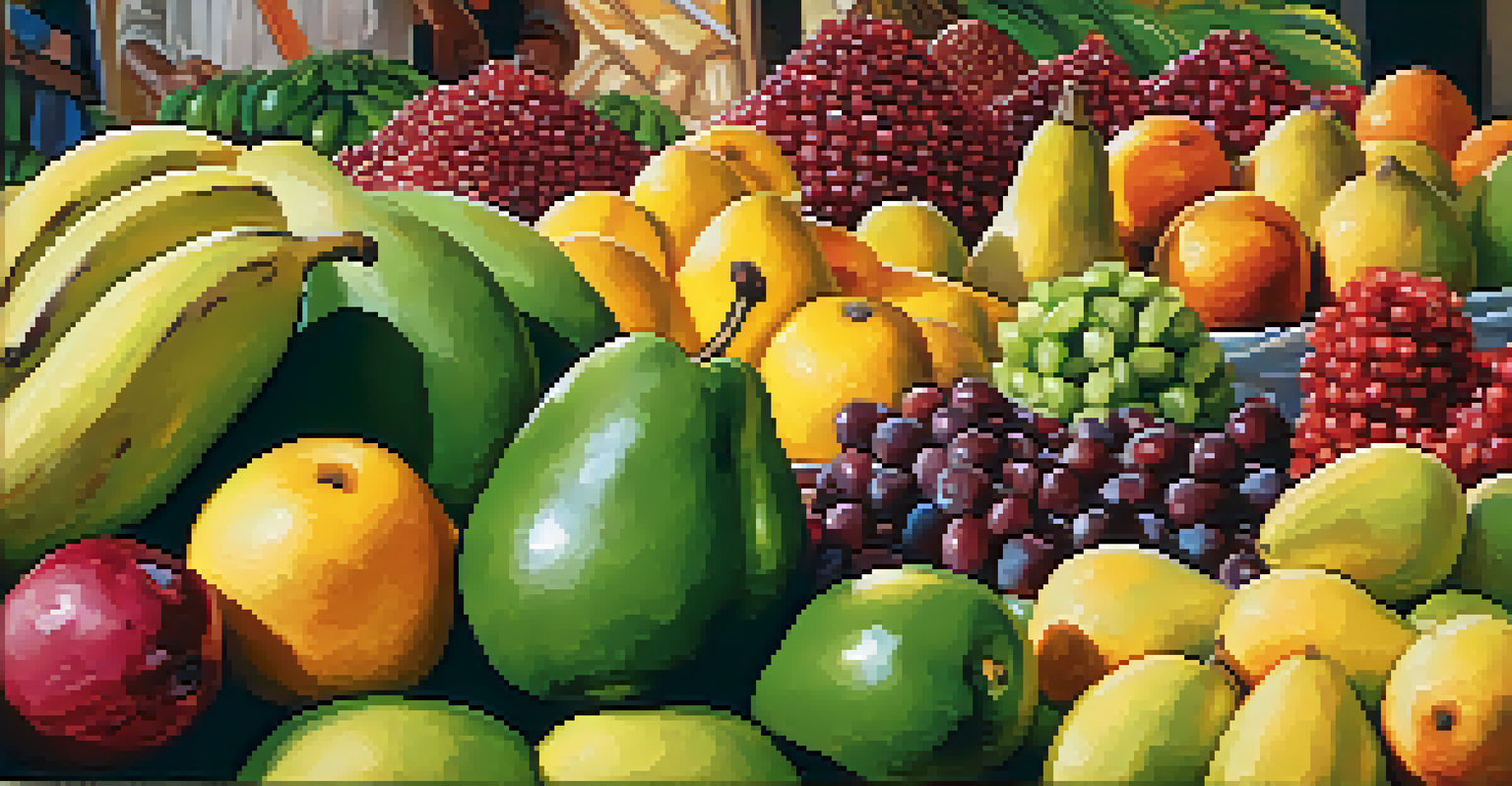 A child's hand reaching for colorful fruits at a Peruvian market.