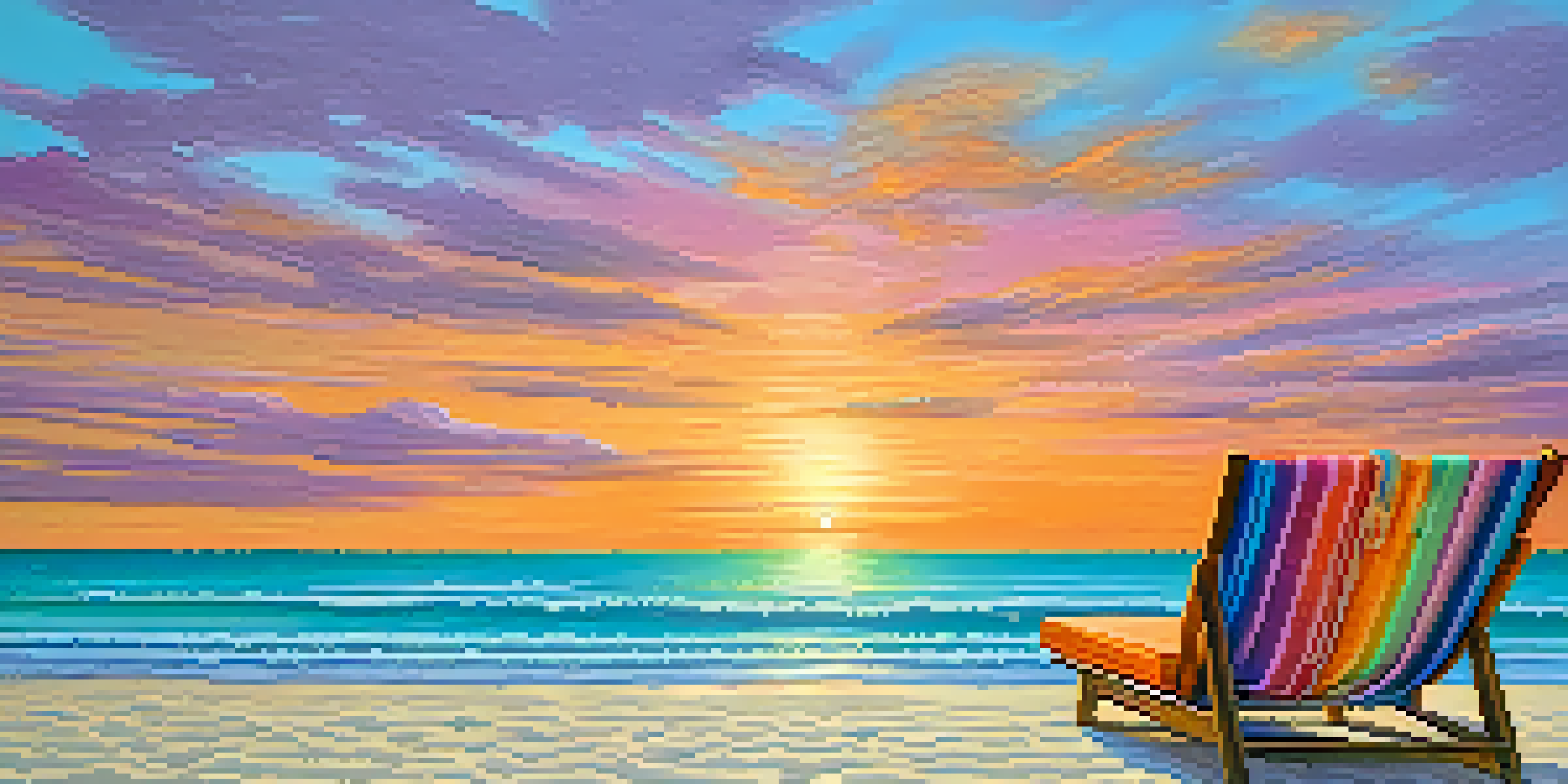 A tranquil sunset at Punta Sal beach with white sands and turquoise waters, featuring a beach lounge chair and colorful towel.