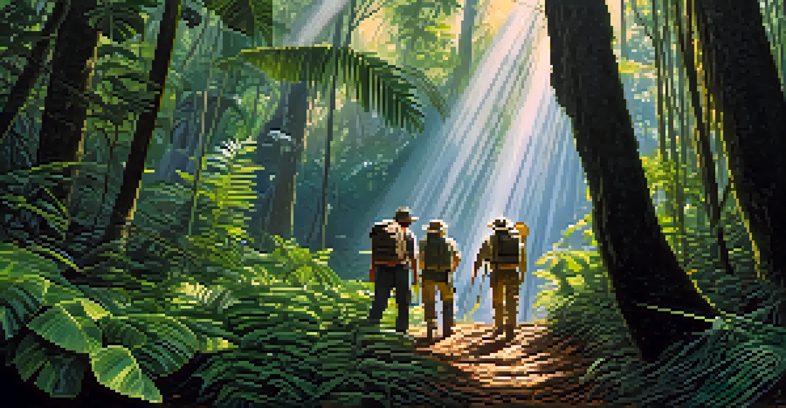 A group of explorers navigating through the Amazon rainforest, surrounded by dense foliage and beams of sunlight, in search of El Dorado.