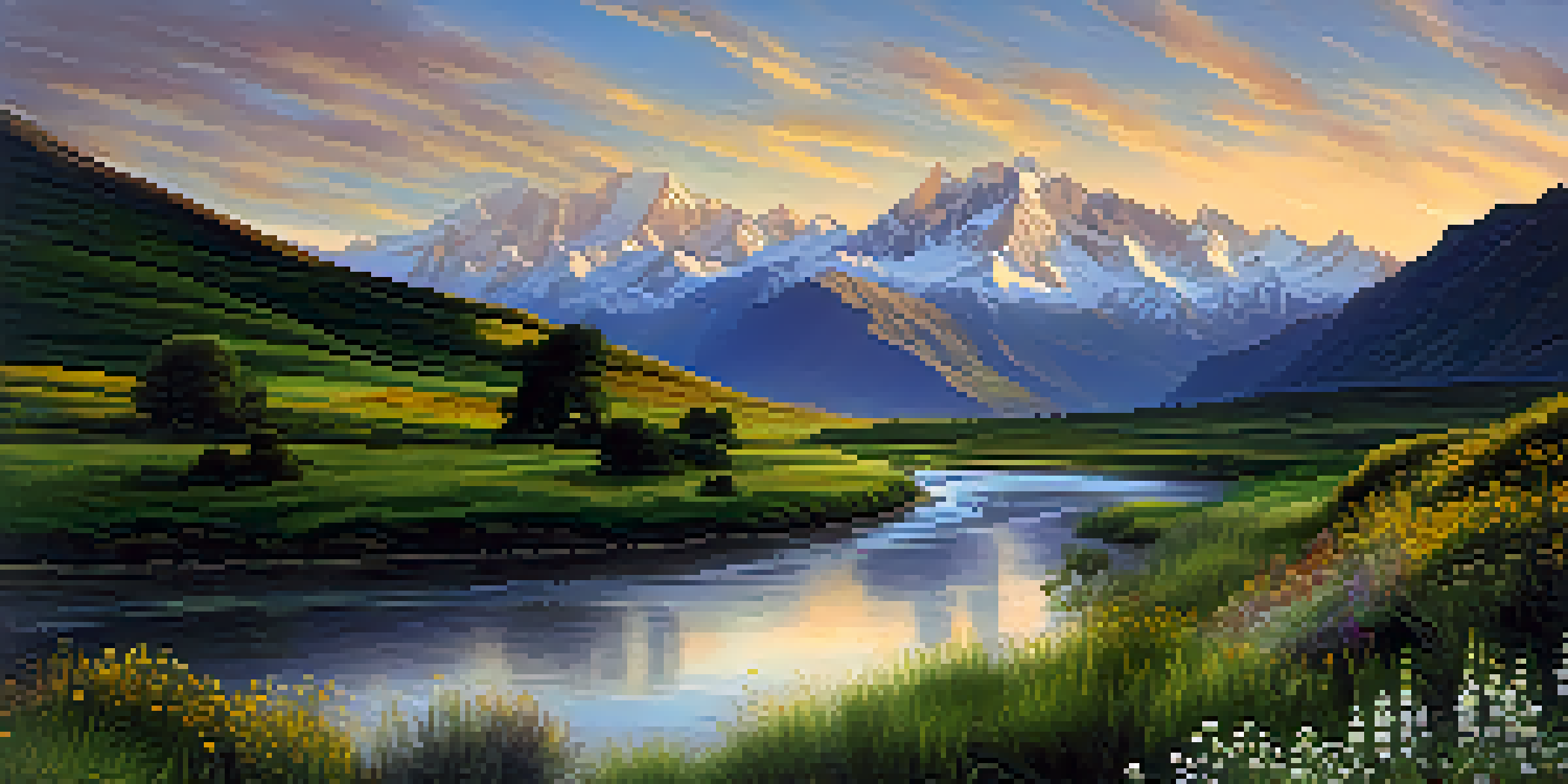 Panoramic view of the Andes Mountains at sunrise, featuring snow-capped peaks and a green valley with wildflowers and a winding river.
