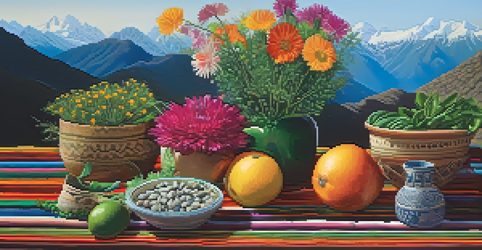 A vibrant arrangement of a 'despacho' offering with flowers and herbs, set against the backdrop of the Andes mountains.