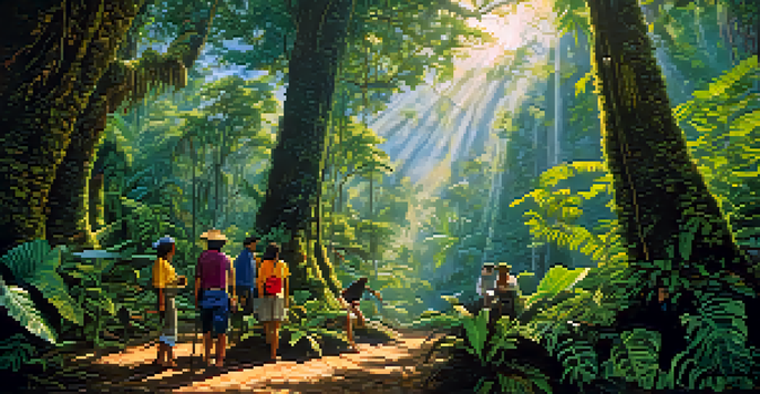A local guide leads tourists through the lush Amazon rainforest with vibrant greenery and wildlife around.