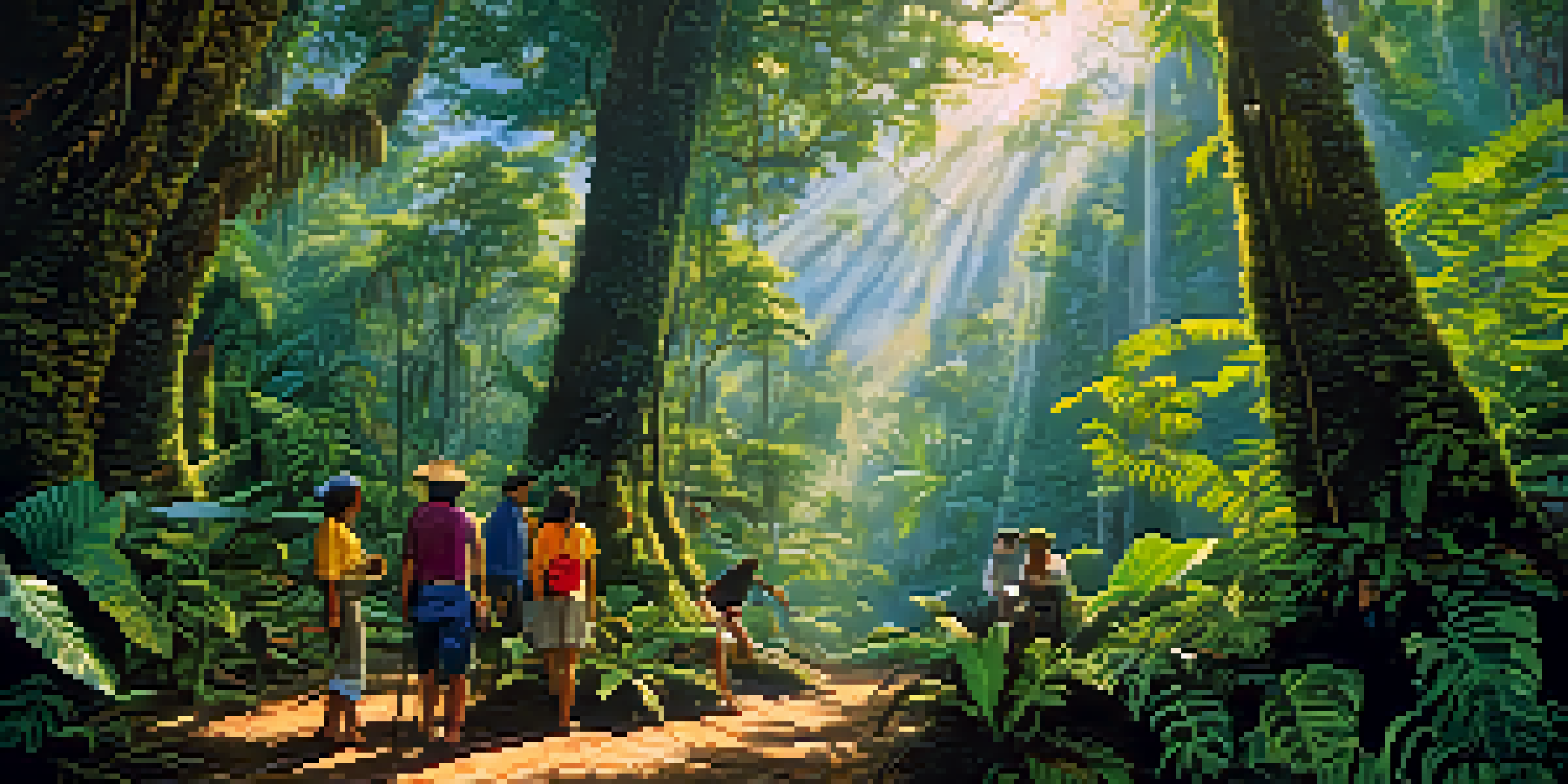 A local guide leads tourists through the lush Amazon rainforest with vibrant greenery and wildlife around.