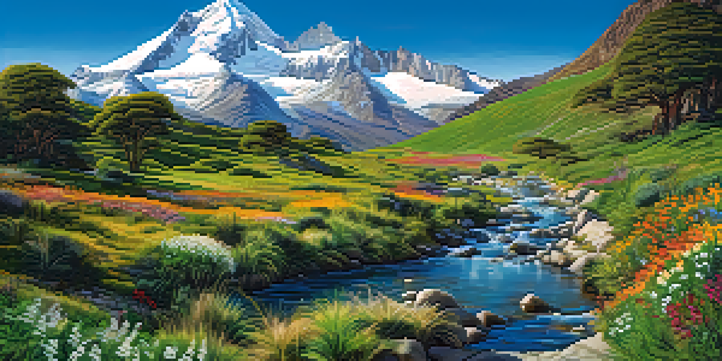 A beautiful view of Parque Nacional de Huascarán featuring snow-capped mountains and a wheelchair-accessible trail adorned with wildflowers under a clear blue sky.