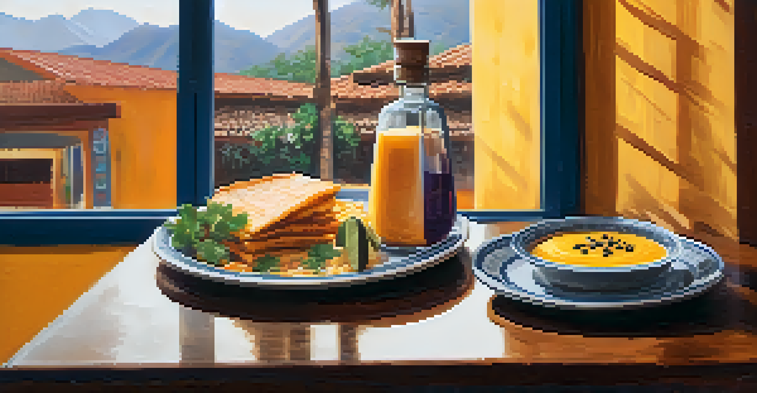 A cozy table in a Peruvian restaurant with a menu, a glass of chicha morada, and a plate of aji de gallina, illuminated by natural light.