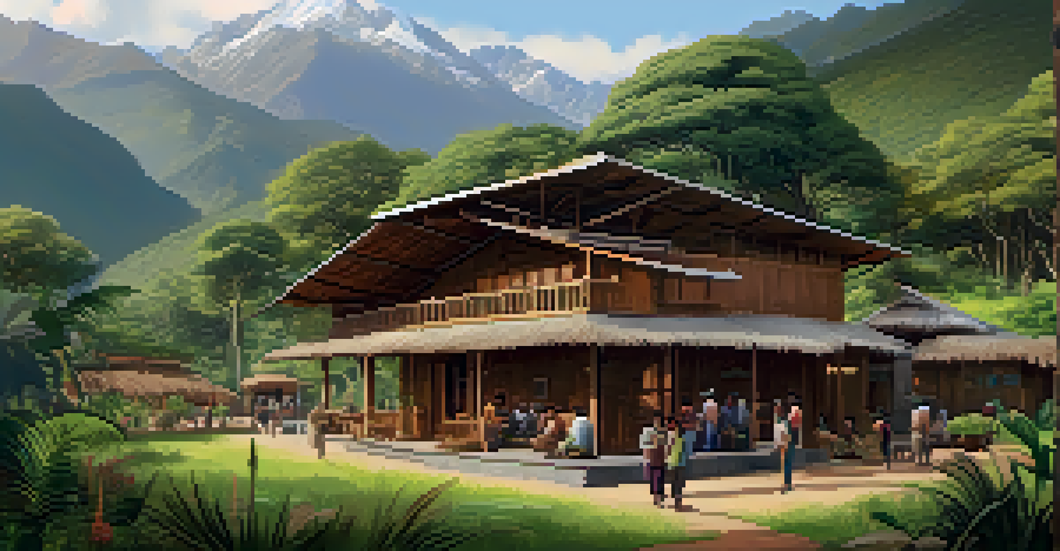Eco-lodge in the Andes mountains with local artisans crafting textiles outside.