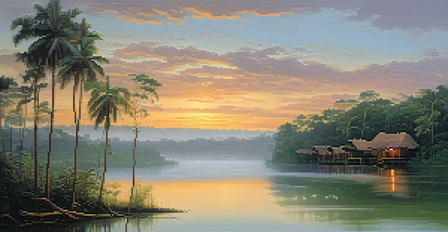 A sunrise over the Tambopata region in Peru, showcasing eco-lodges and a misty river surrounded by lush greenery.