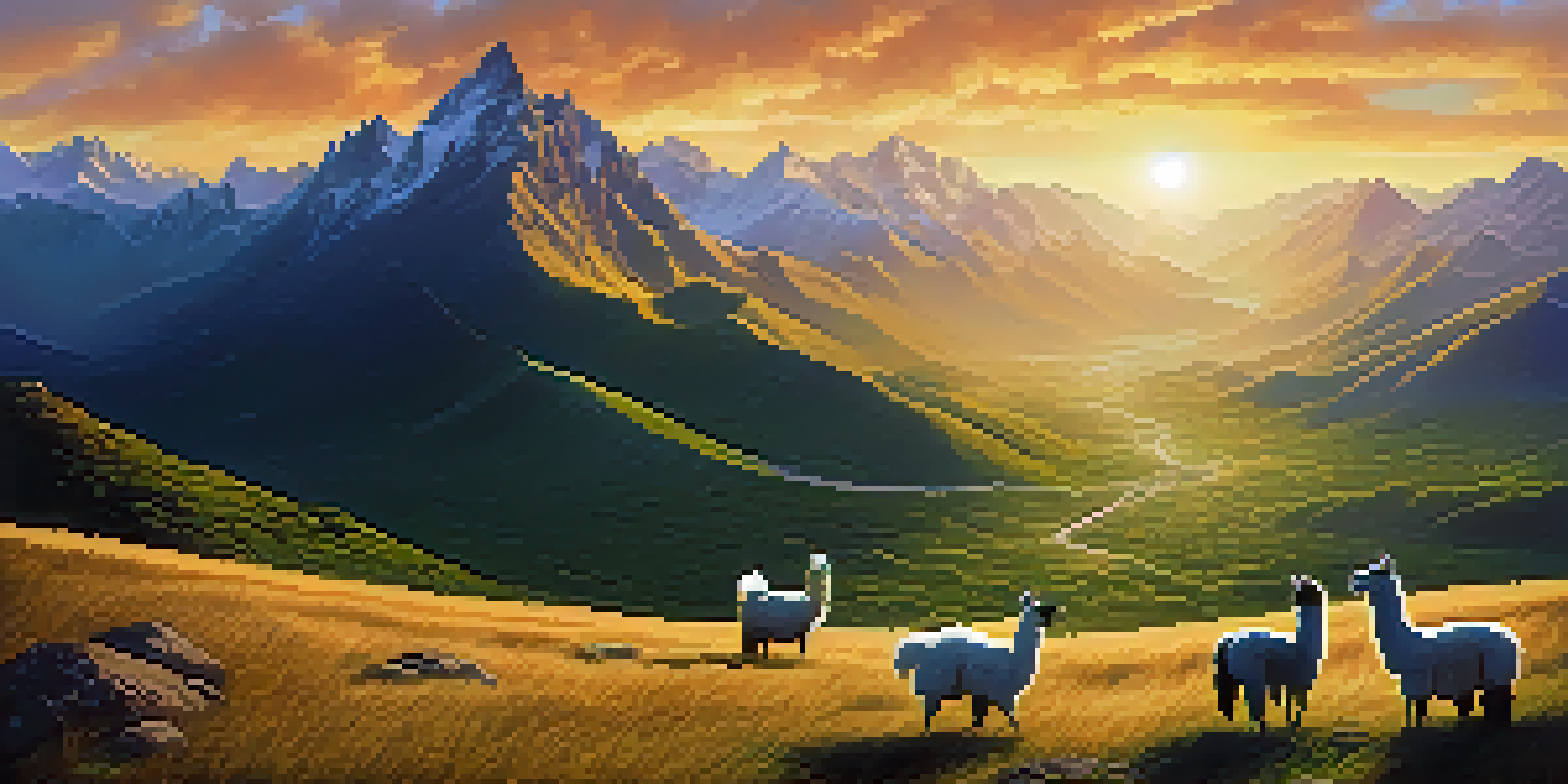 A scenic view of an ancient Inca road in the Andes mountains, with llamas grazing and snow-capped peaks in the background.