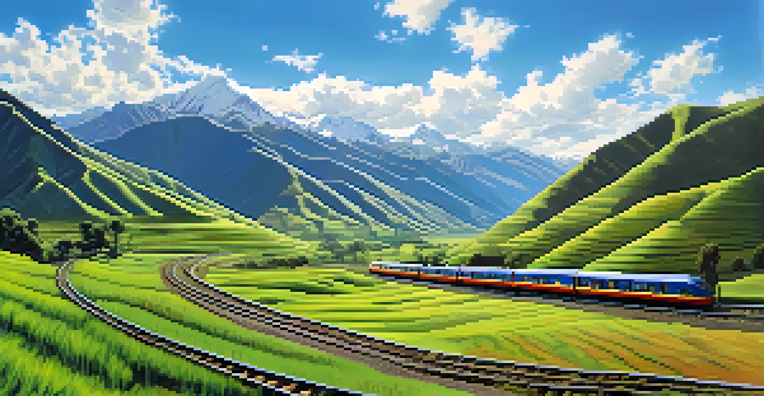 Scenic view of the Sacred Valley from a train window with green terraces, mountains, and bright blue sky, showcasing the train tracks.