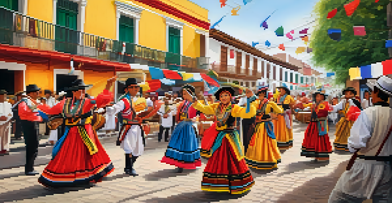 A lively street scene of a Peruvian cultural festival, with locals in traditional attire dancing, colorful decorations, and historic architecture in the background.