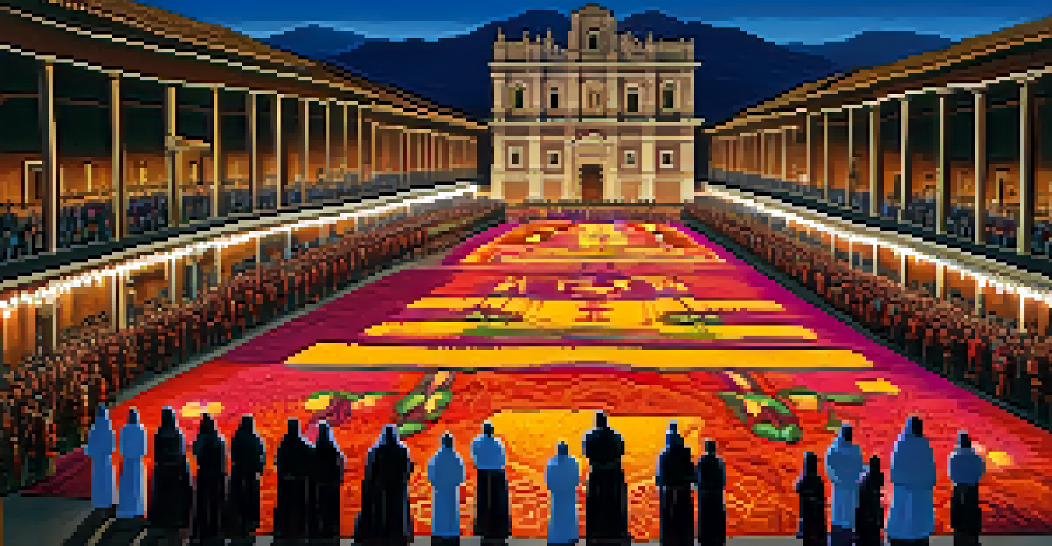 A procession walks over a colorful sawdust carpet during Semana Santa in Ayacucho, Peru, in a solemn atmosphere.