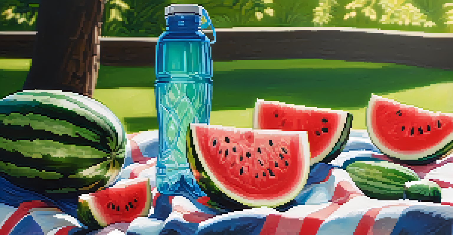 A reusable water bottle surrounded by slices of watermelon and cucumber on a picnic blanket in a green park.