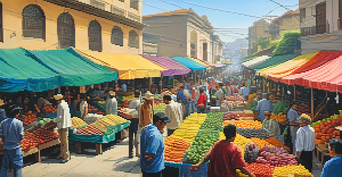 A lively market in Lima filled with fresh fruits and colorful textiles, with vendors and customers interacting under warm sunlight.