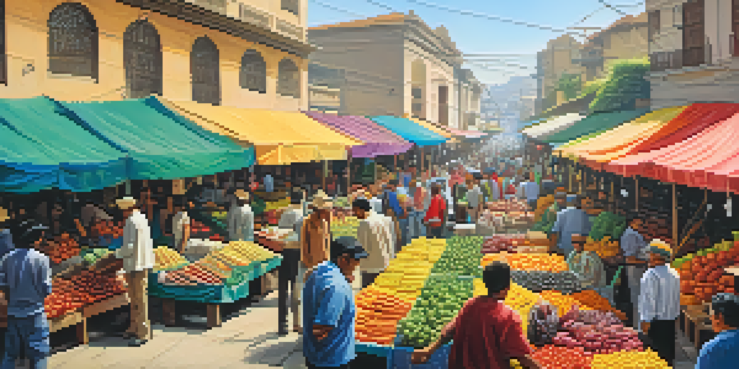 A lively market in Lima filled with fresh fruits and colorful textiles, with vendors and customers interacting under warm sunlight.