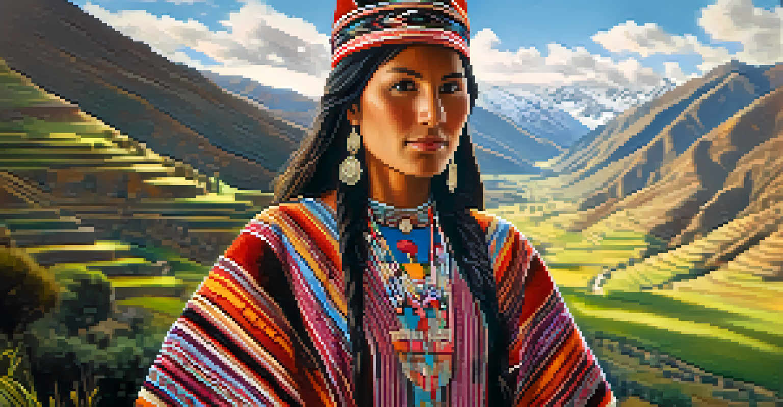A portrait of a Peruvian woman in traditional clothing, set against the beautiful landscape of the Sacred Valley.