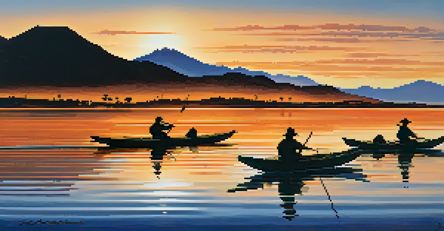 Kayakers on Lake Titicaca at sunset, with a colorful sky reflecting on the water and traditional reed boats in the background.