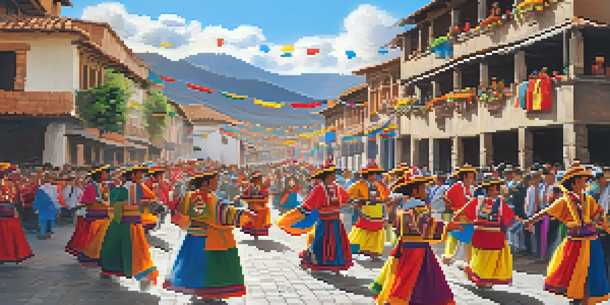 A lively street scene of the Inti Raymi festival in Cusco, with locals in colorful costumes dancing and food vendors selling local dishes.