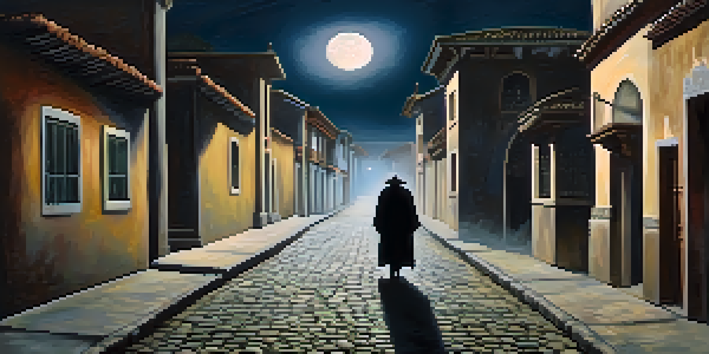 A ghostly vampire figure with pale skin and glowing eyes blending into the shadows of a cobblestone street in Cañete, Peru, under a full moon with fog and colonial buildings in the background.