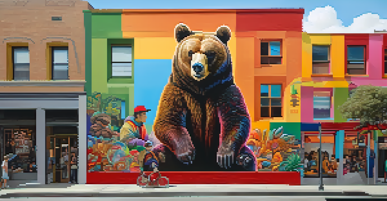 A modern interpretation of El Hombre Oso in an urban setting, surrounded by children and colorful street art, blending traditional folklore with contemporary themes.