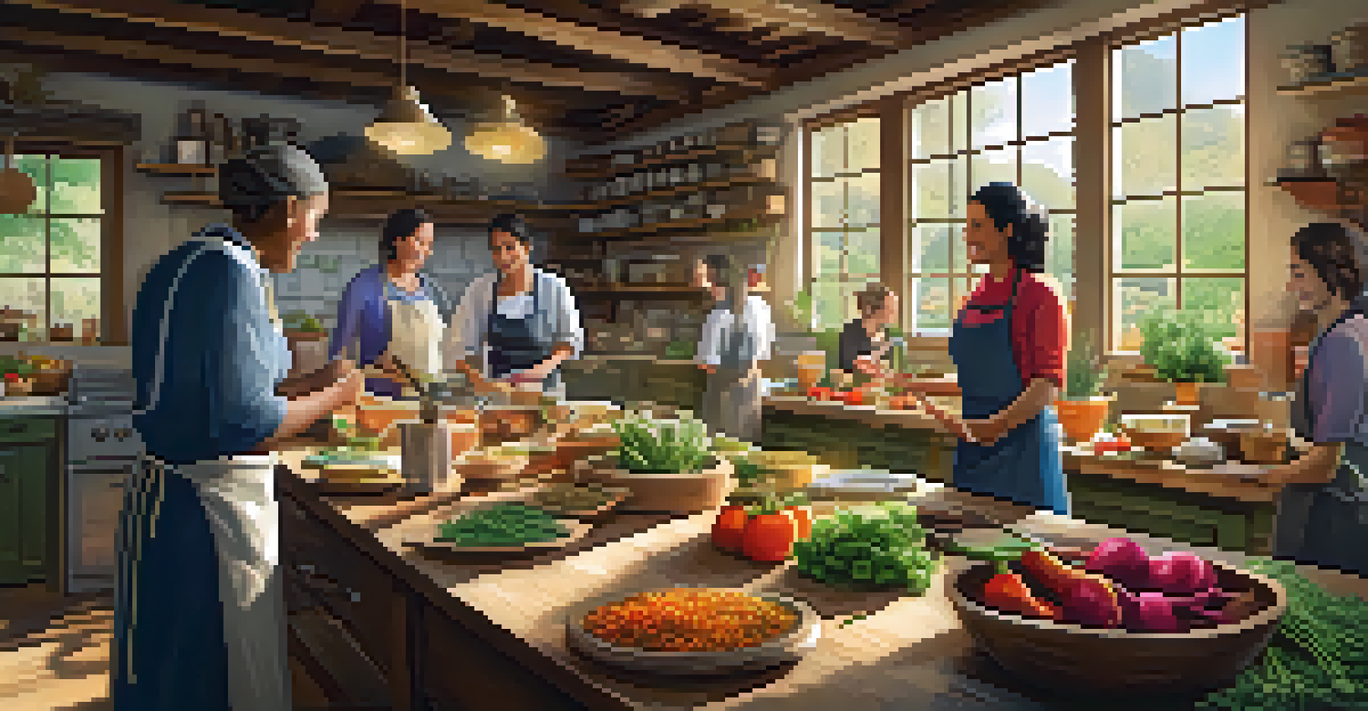 Travelers participating in a cooking class in a rustic kitchen with fresh ingredients.