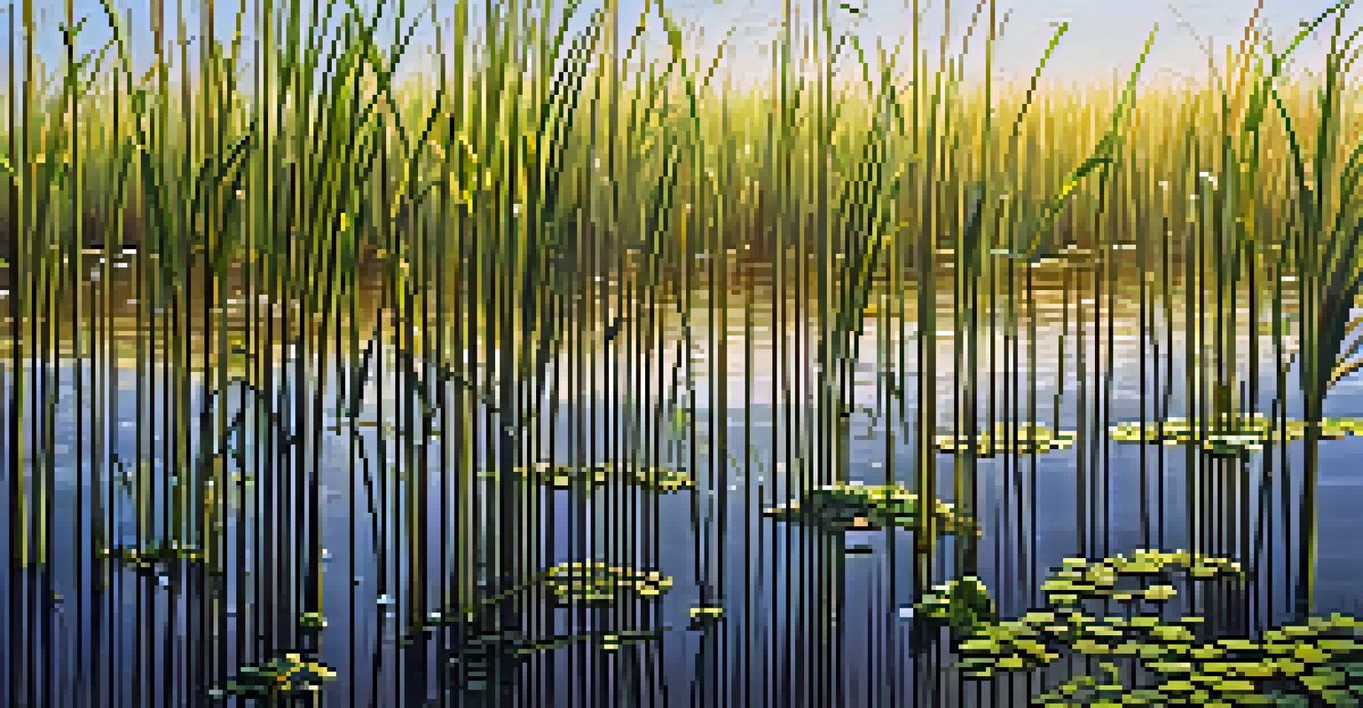 A close-up of wetland vegetation with dew drops, highlighting the textures and colors of reeds and mangroves.