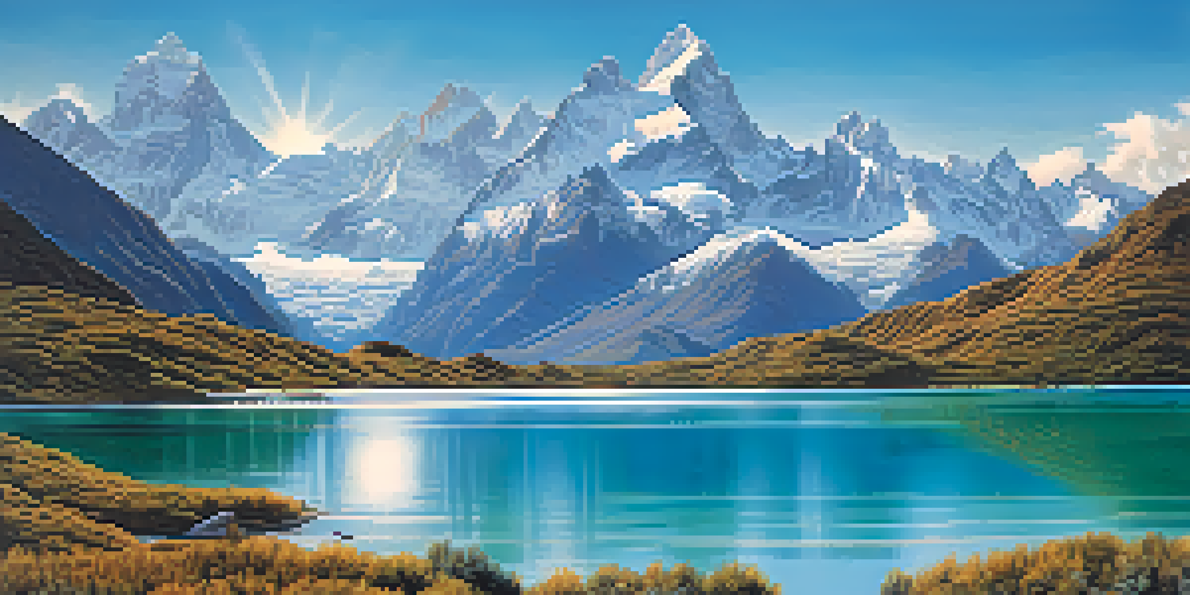 A scenic view of Huascarán National Park, featuring high snow-capped mountains, a turquoise lake, and green valleys under a clear blue sky.