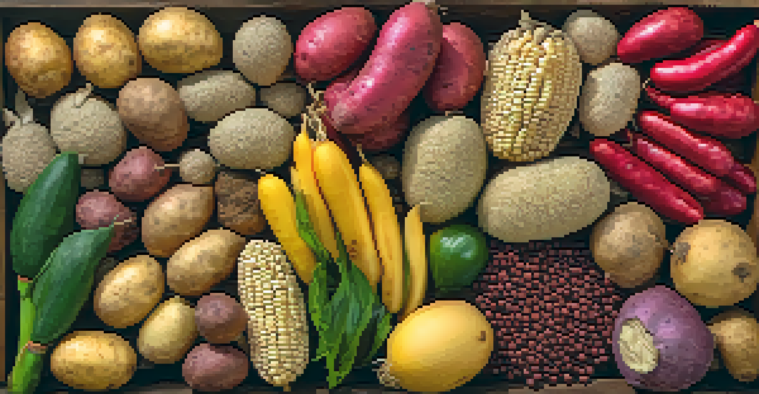 An artistic display of various Inca crops, including potatoes, maize, and quinoa, on a rustic wooden table.