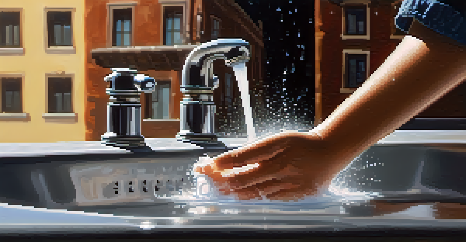 A close-up of a hand being washed at a sink with a travel bag and cityscape blurred in the background.