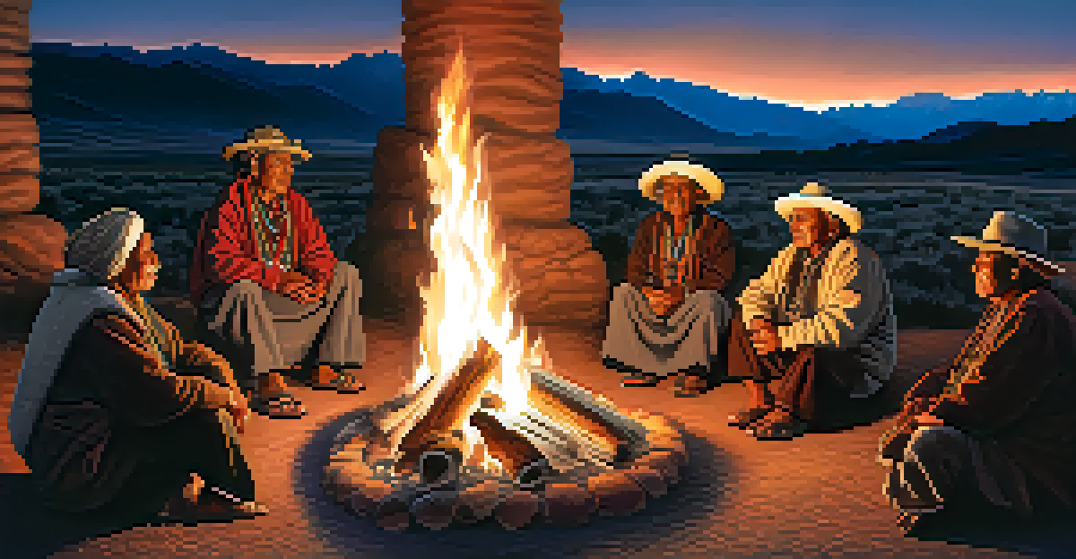 Quechua elders storytelling around a fire at dusk, surrounded by textiles and pottery.