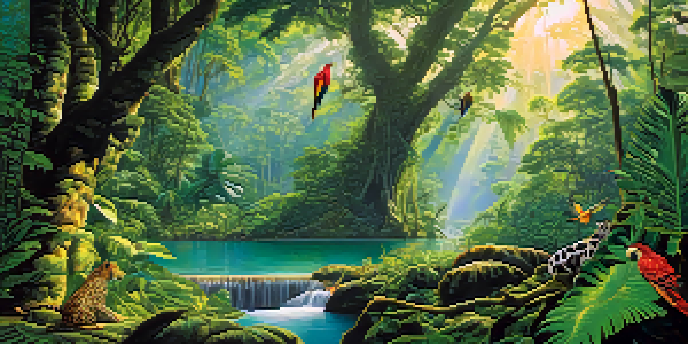 A lush Amazon rainforest scene featuring tall trees, colorful birds in flight, and a jaguar resting, with sunlight filtering through the leaves.