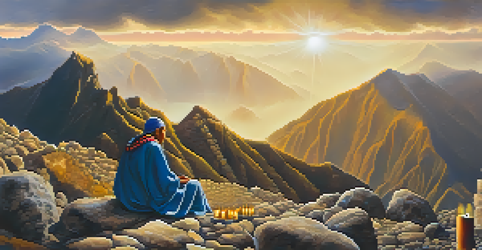 A pilgrim resting on a rocky path during the Qoyllur Rit'i pilgrimage, surrounded by majestic mountains and small offerings, with a contemplative expression.