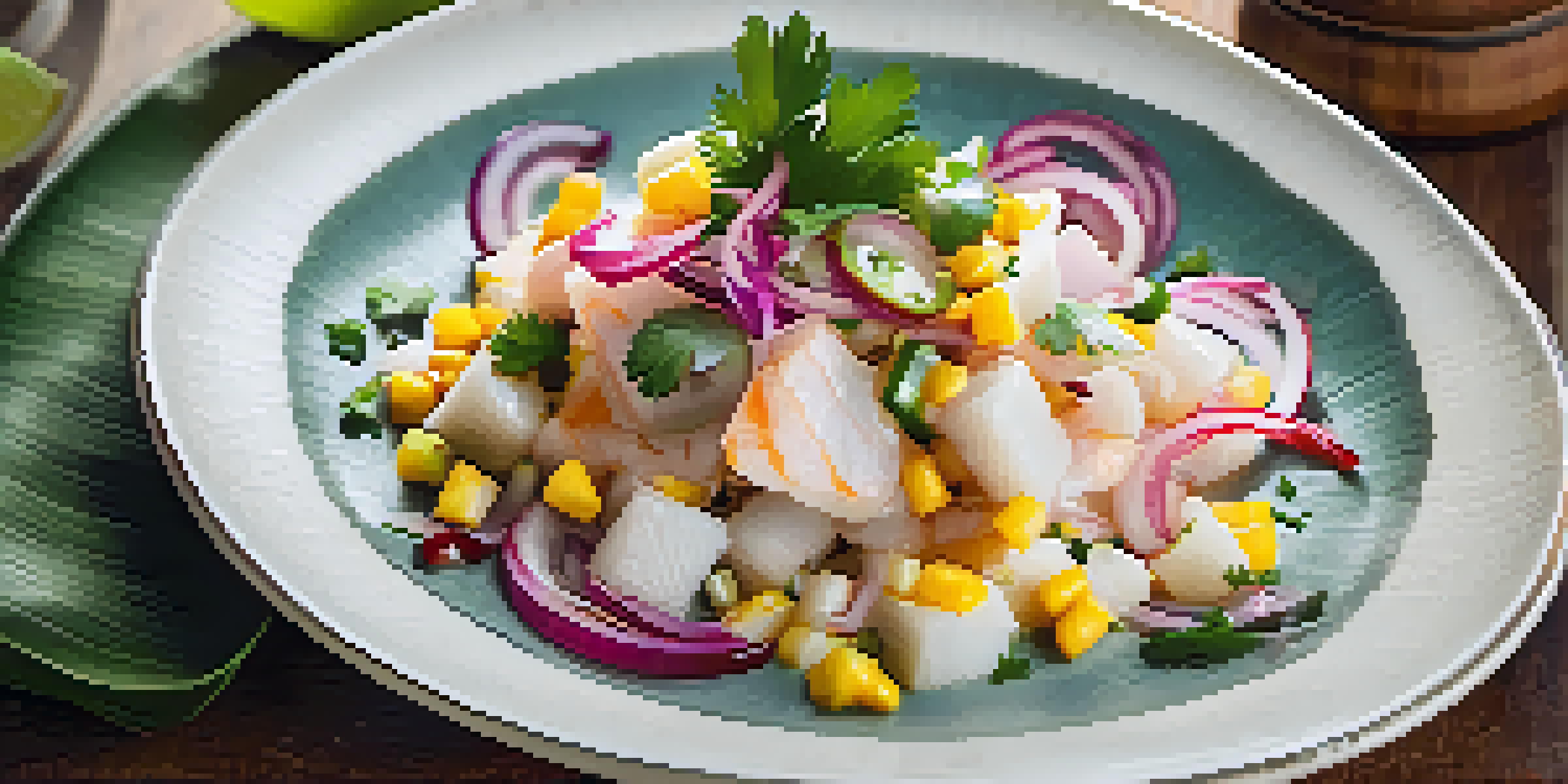A colorful plate of traditional Peruvian ceviche with fresh fish, red onions, cilantro, and chili peppers, served with sweet potato and corn in soft sunlight.