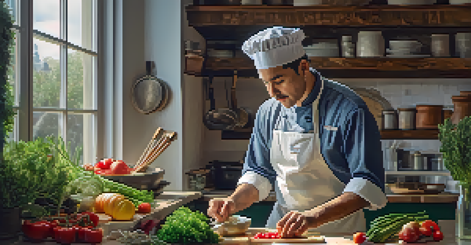 A chef in a warm kitchen preparing a traditional dish with fresh ingredients, emphasizing the connection between food and local sourcing.