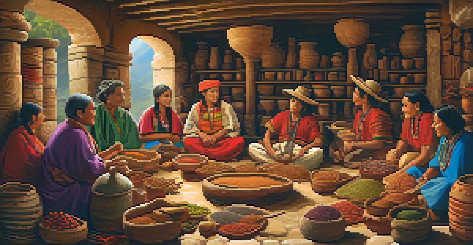 Traders engaging in cultural exchange in ancient Peru, surrounded by textiles, spices, and pottery.