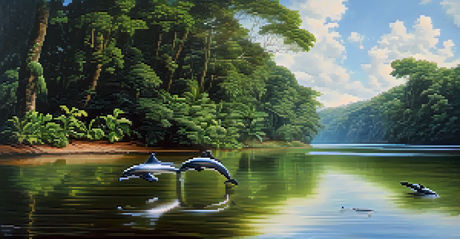 Playful river dolphins surfacing in a serene river surrounded by dense Amazon Rainforest vegetation.