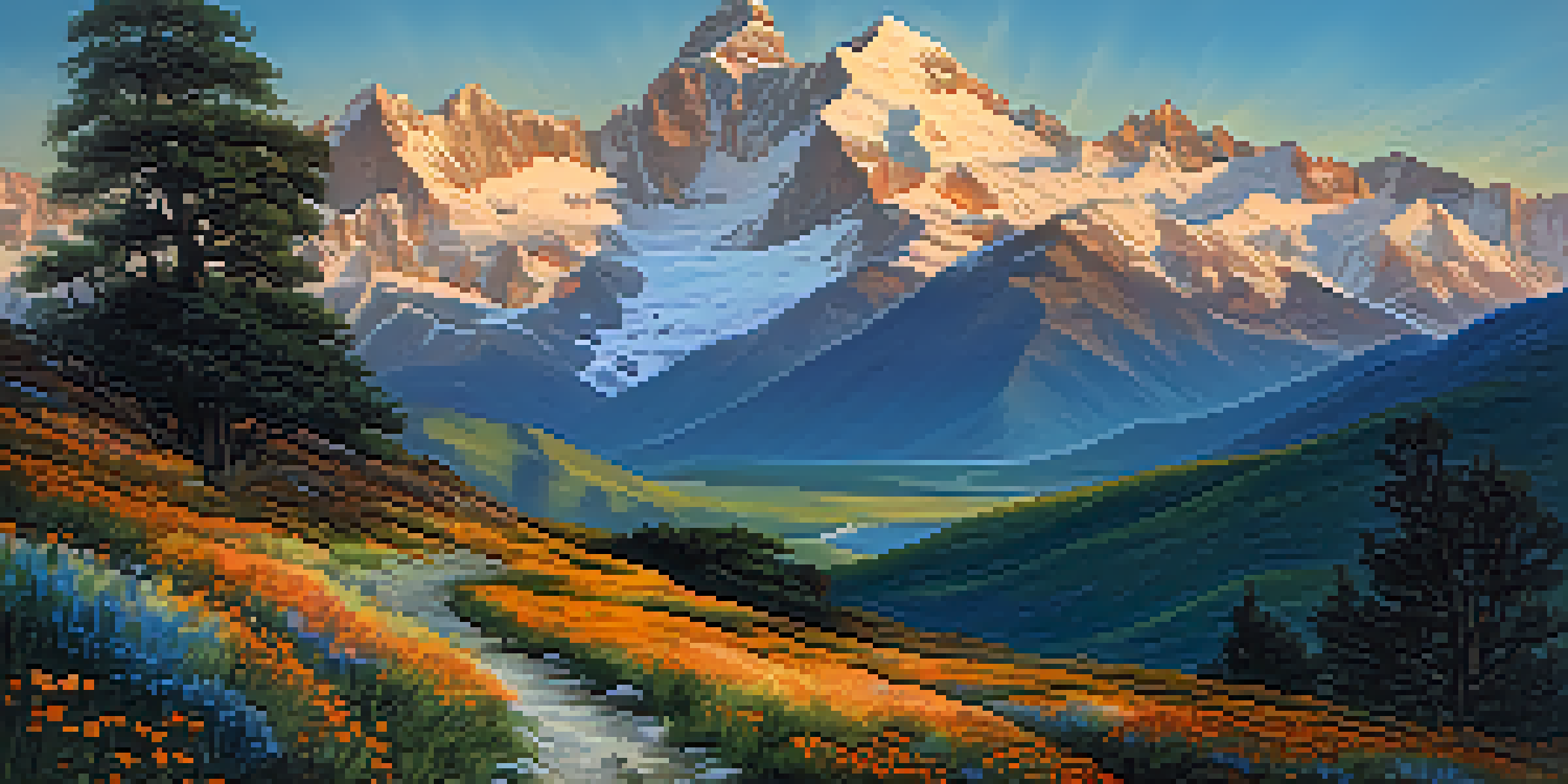 A stunning sunrise view of the snow-capped Andes mountains with a winding trail and colorful wildflowers in the foreground.