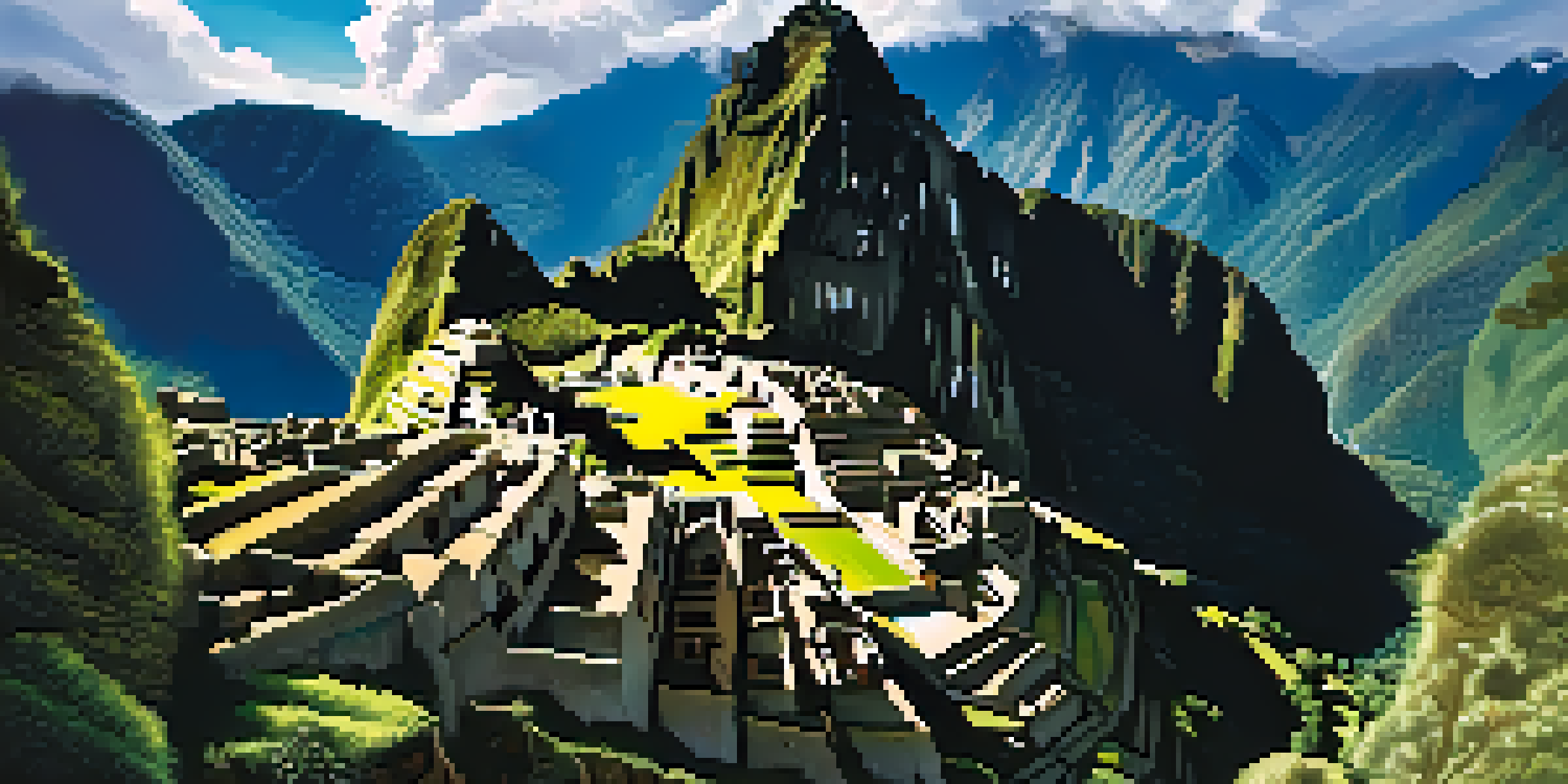 Aerial view of Machu Picchu with green mountains and bright blue sky.