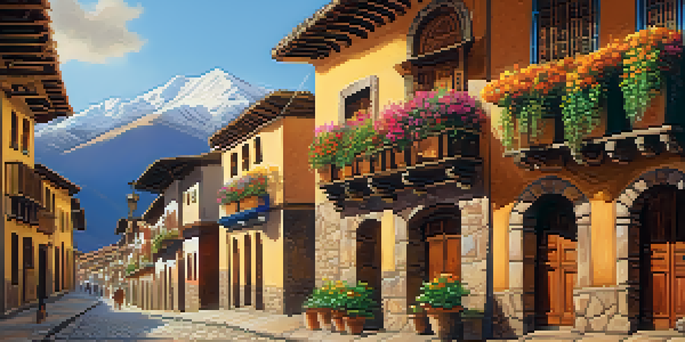 A vibrant street scene in Cusco, Peru, with colonial architecture, colorful balconies, and Incan stonework under golden sunlight.
