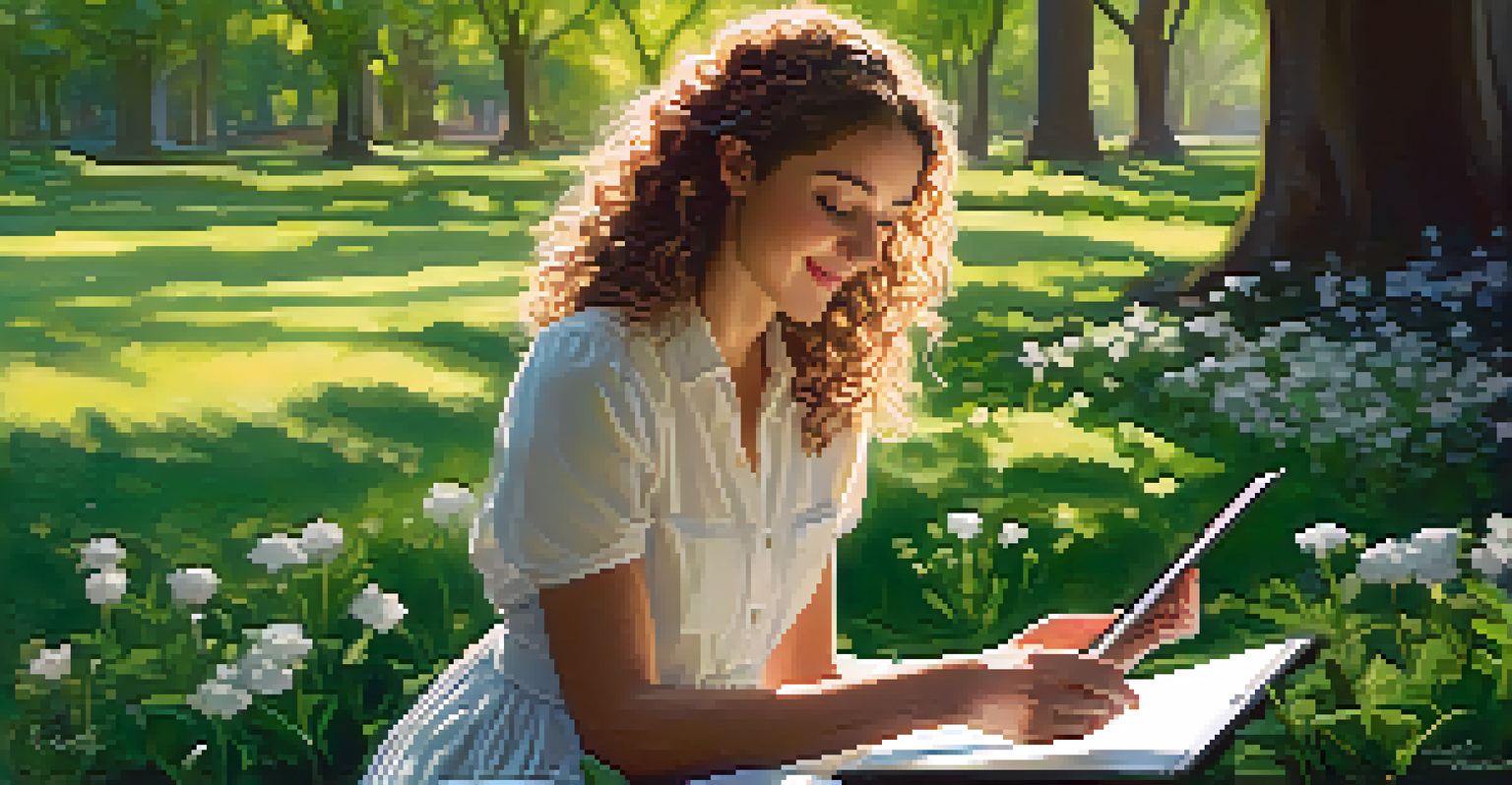 A photographer sharing their work on a tablet with a smiling young woman in a beautiful park setting.