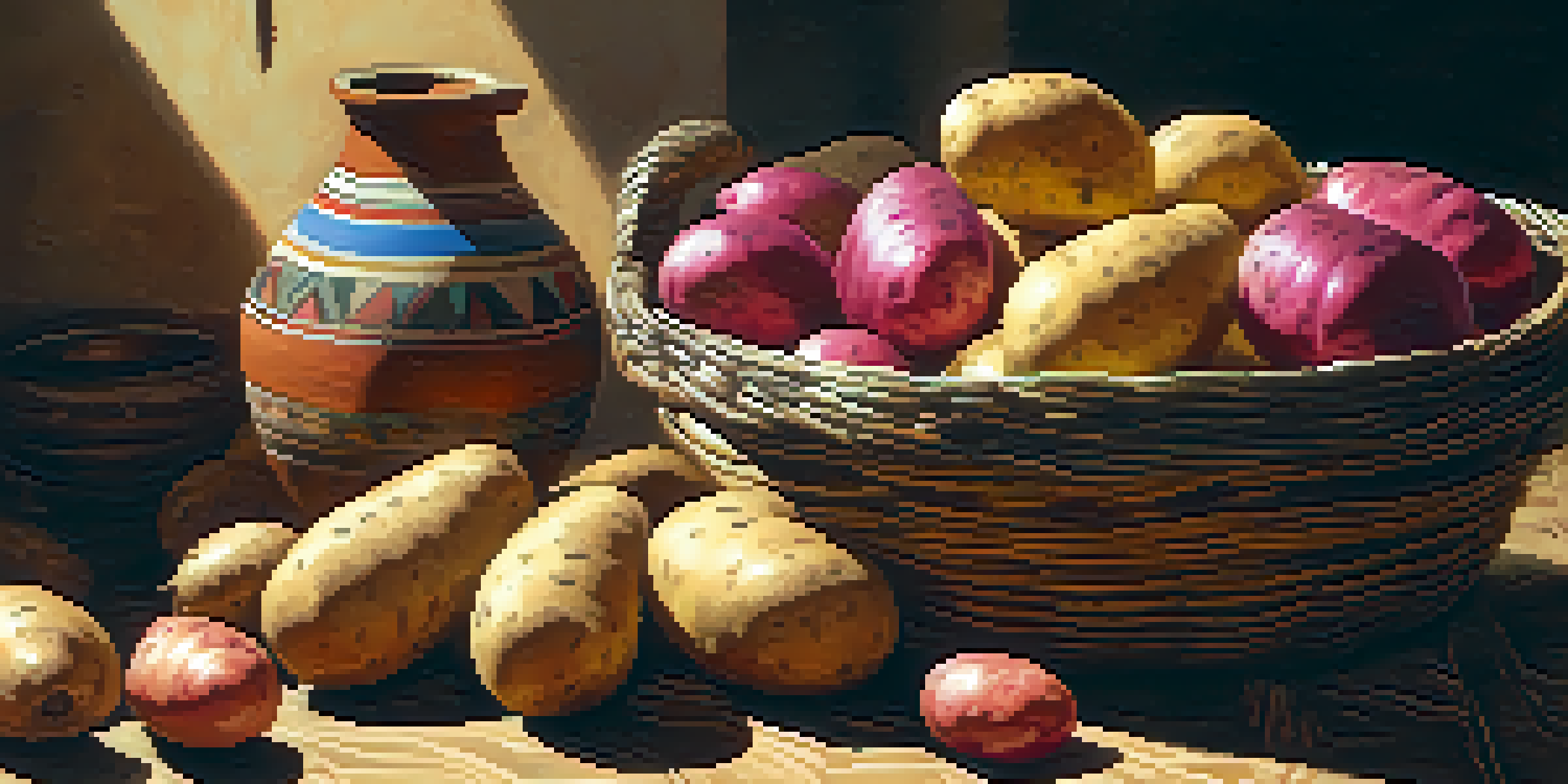 A basket filled with various types of colorful Peruvian potatoes on a wooden kitchen table, with traditional pottery in the background.