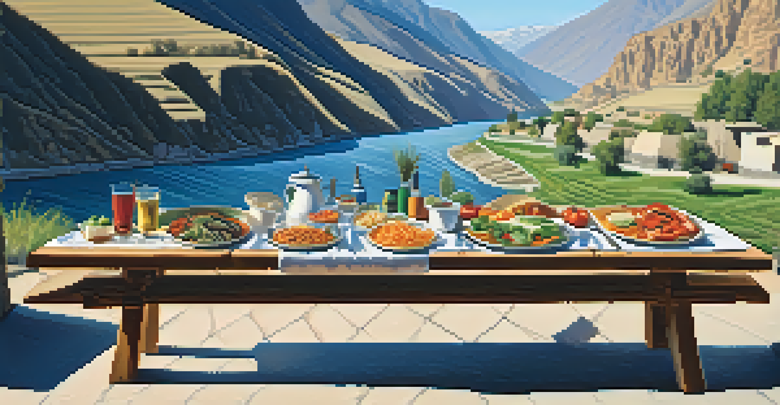 A riverside picnic in Colca Canyon, with a table set up featuring traditional Peruvian food and a beautiful canyon view.