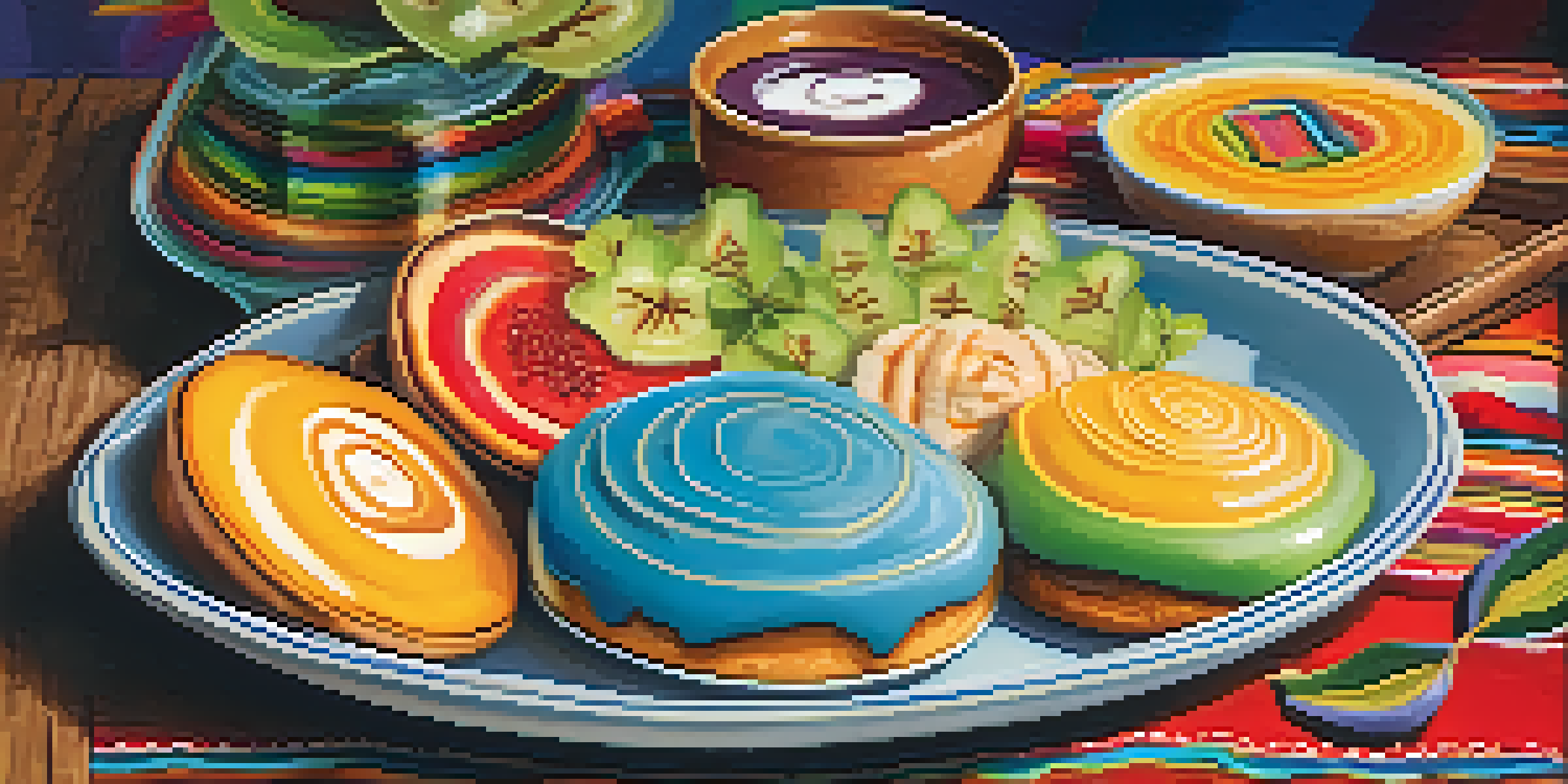 A platter of traditional Peruvian desserts including a creamy dessert in a glass, sweet potato doughnuts with syrup, and lucuma cake on a wooden table with colorful textiles in the background.