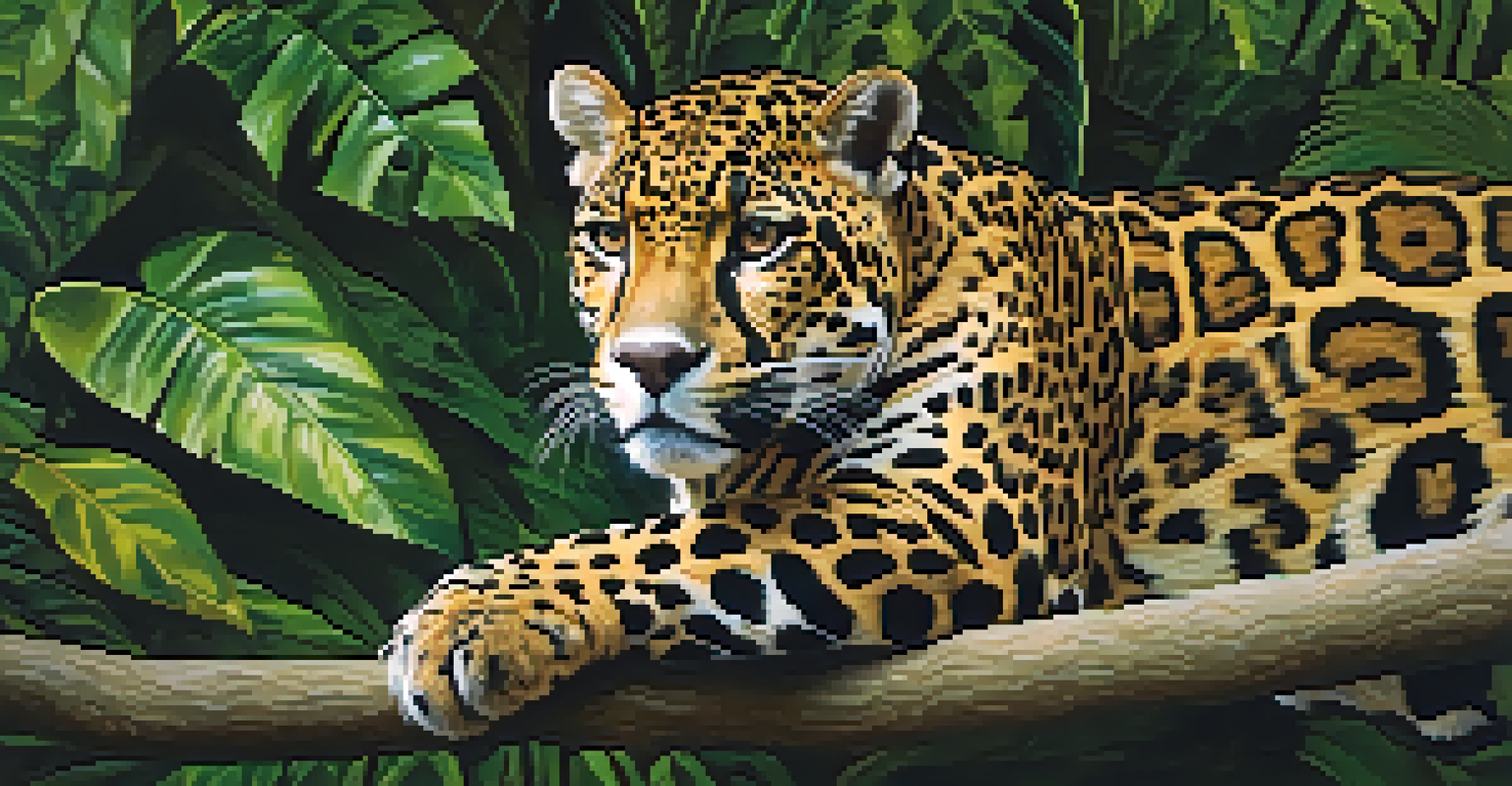 A close-up of an Amazonian jaguar resting on a tree branch, surrounded by green leaves and soft lighting.