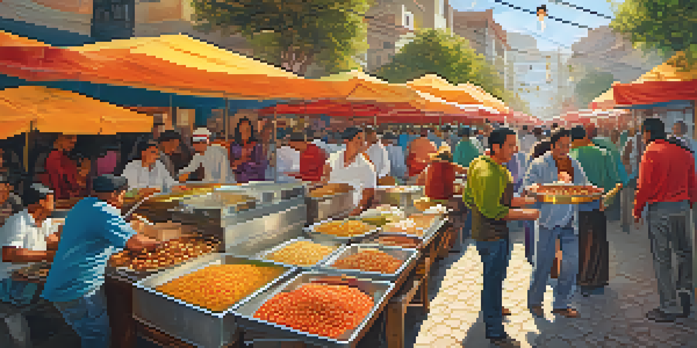 A lively street food market in Peru with vendors serving traditional dishes and colorful ingredients, bustling crowds, and warm lighting.