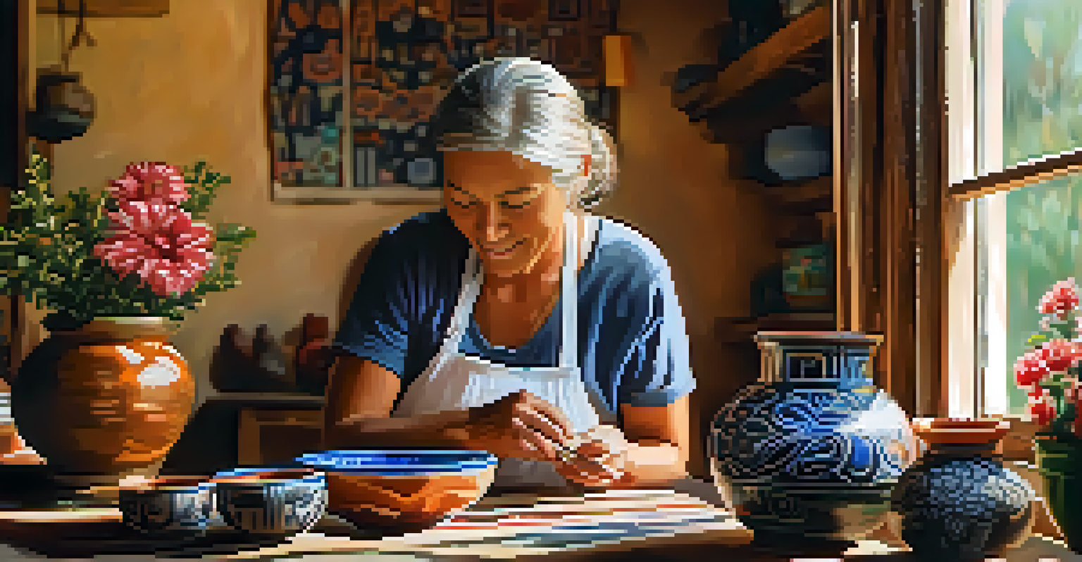 A local artist teaches a visitor pottery painting in a cozy, art-filled room.