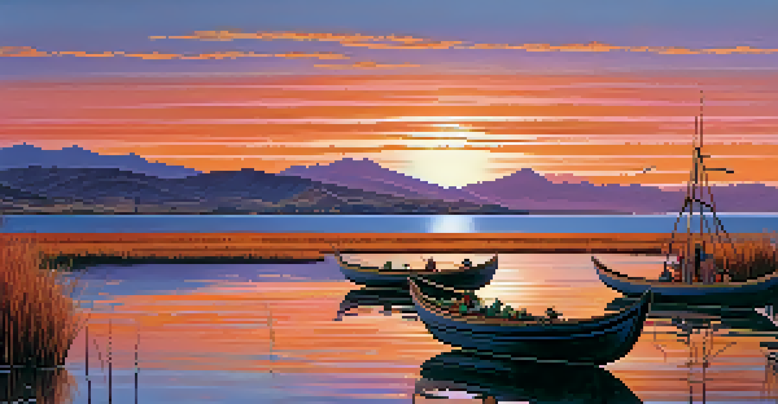 A tranquil sunset over Lake Titicaca, with reed boats on the water and colorful reflections in the sky.